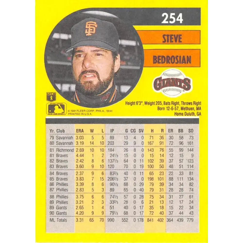 1991 Fleer #254 Steve Bedrosian NM-MT San Francisco Giants Baseball Card - Baseball Card Single