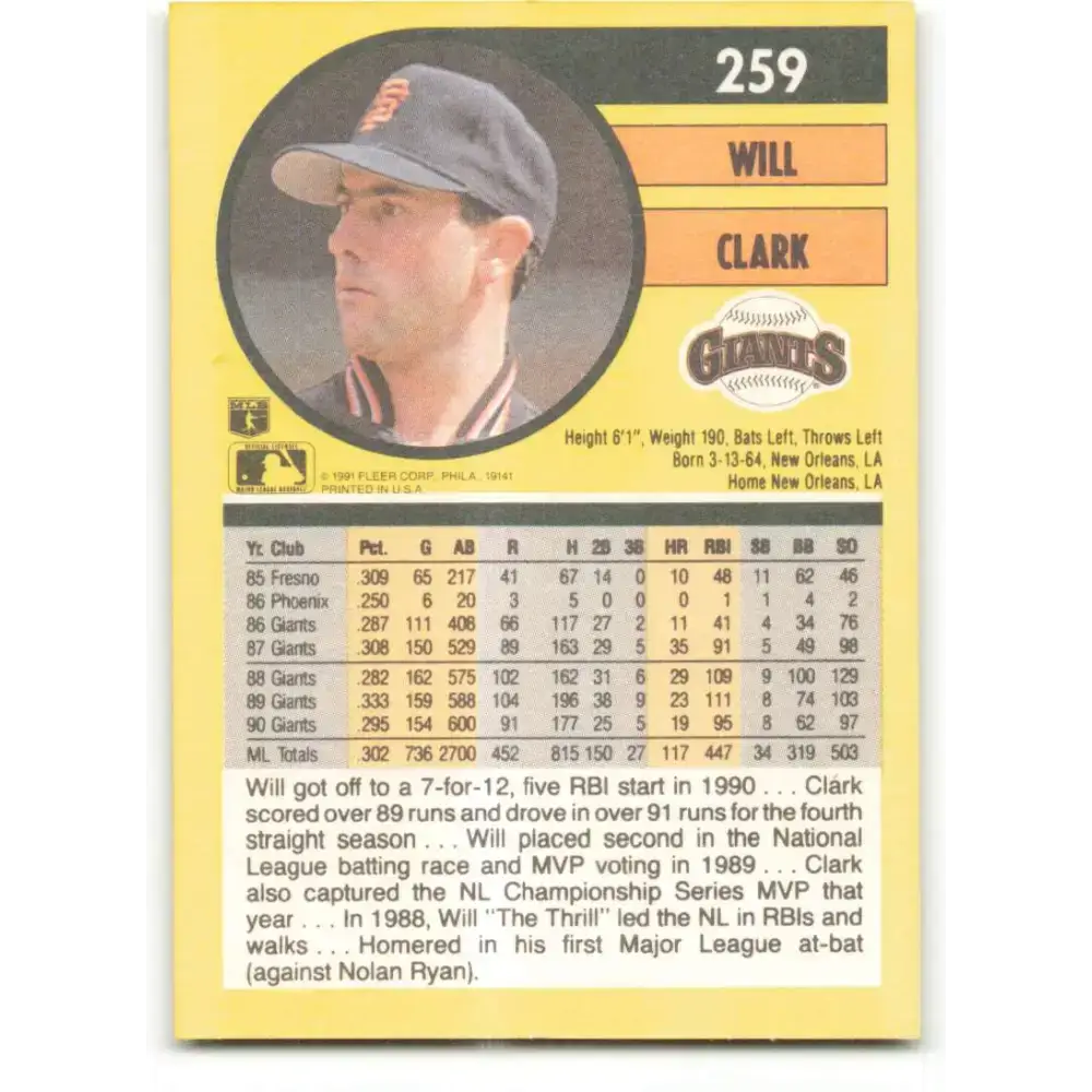 1991 Fleer #259 Will Clark NM-MT San Francisco Giants Baseball Card - Baseball Card Single