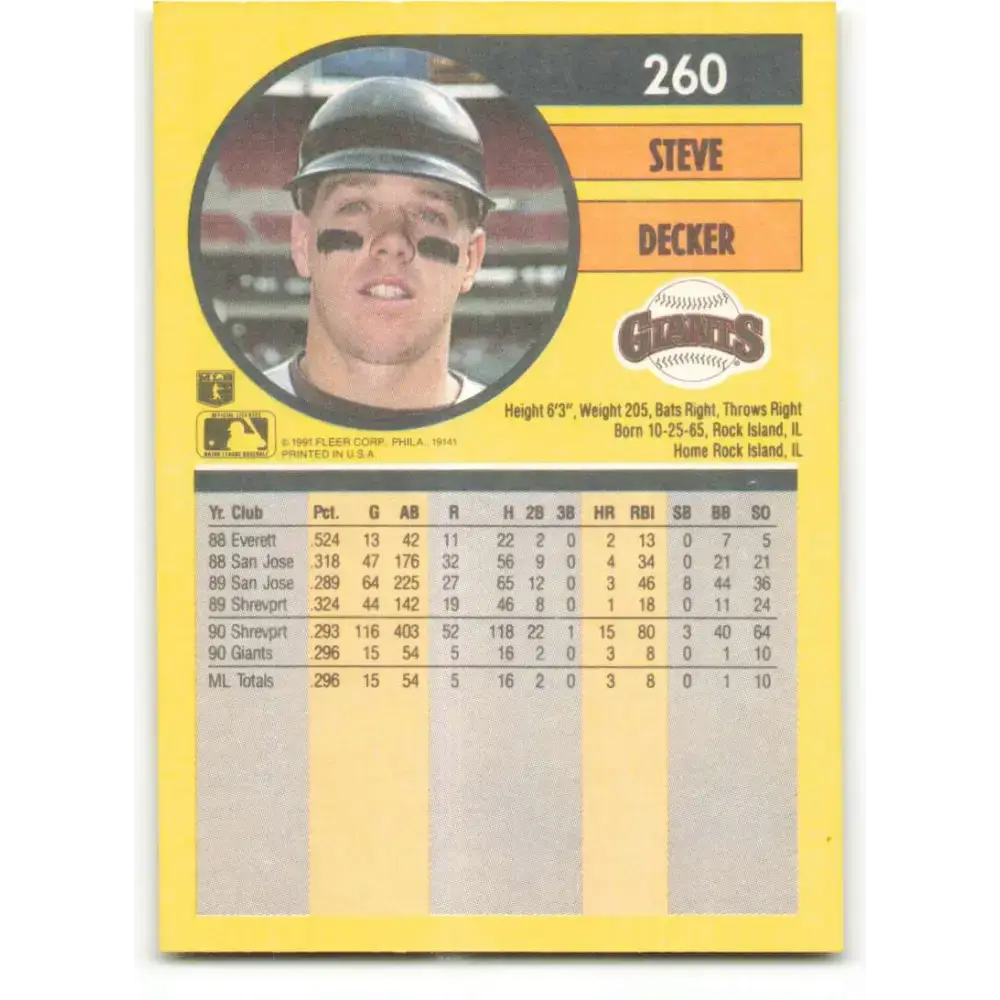 1991 Fleer #260 Steve Decker NM-MT RC Rookie San Francisco Giants Baseball Card - Baseball Card Single