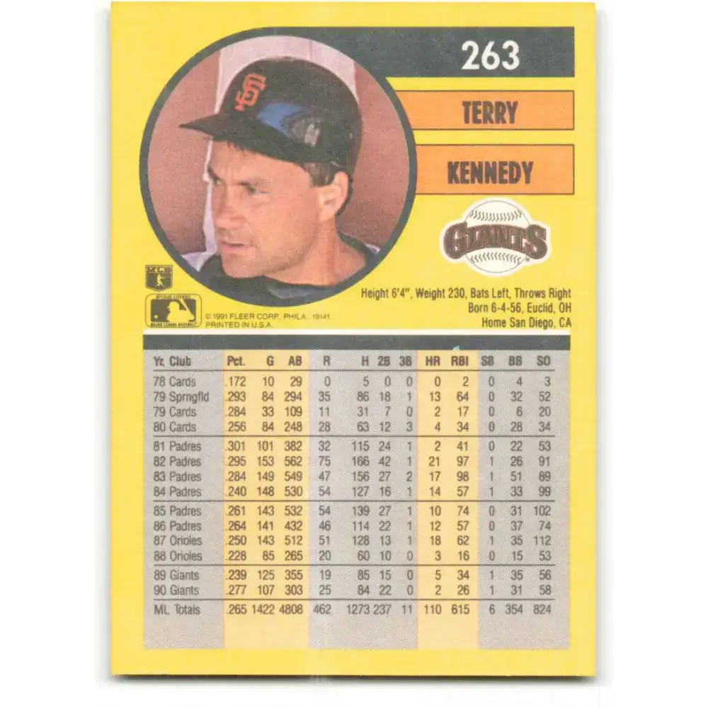 1991 Fleer #263 Terry Kennedy NM-MT San Francisco Giants Baseball Card - Baseball Card Single
