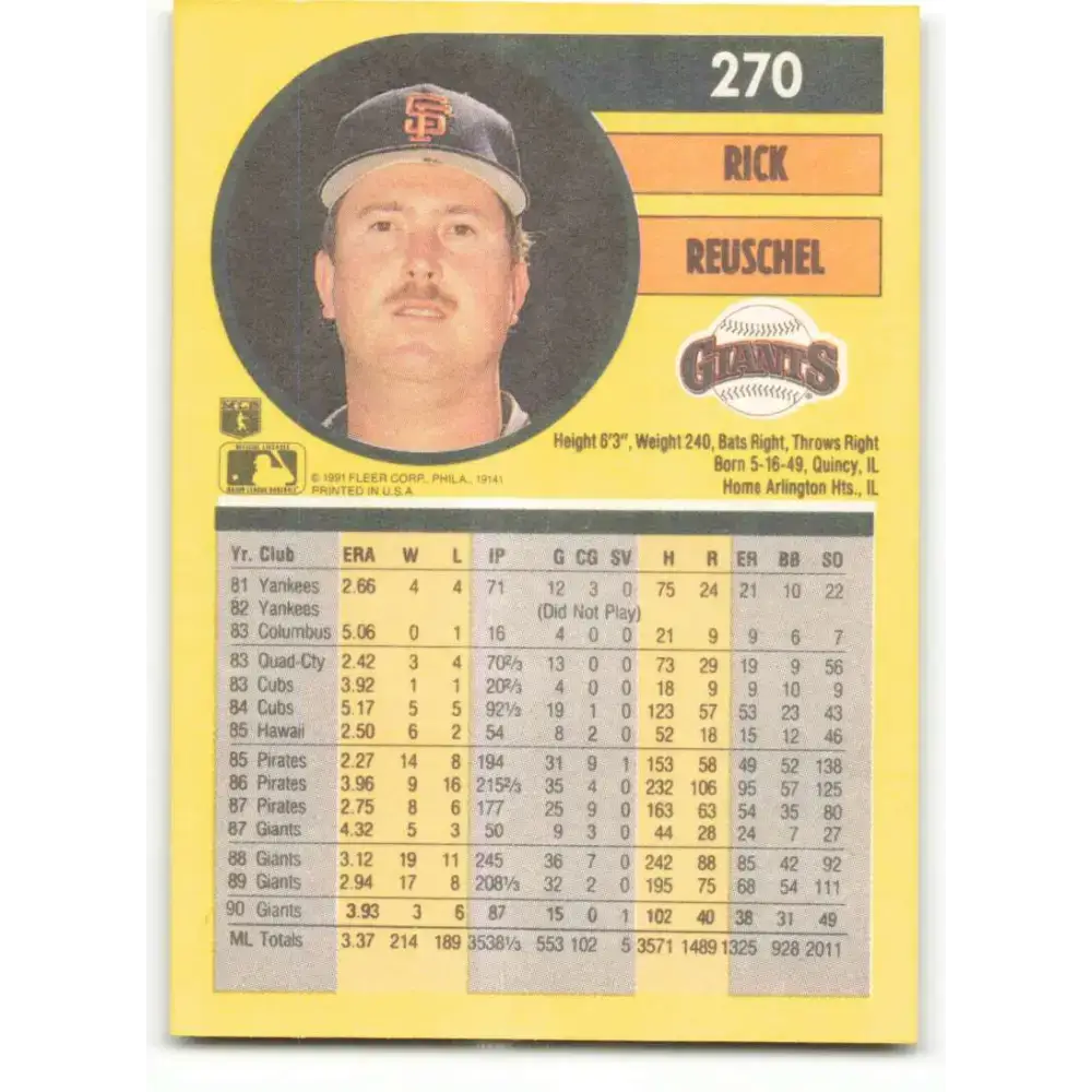 1991 Fleer #270 Rick Reuschel NM-MT San Francisco Giants Baseball Card - Baseball Card Single
