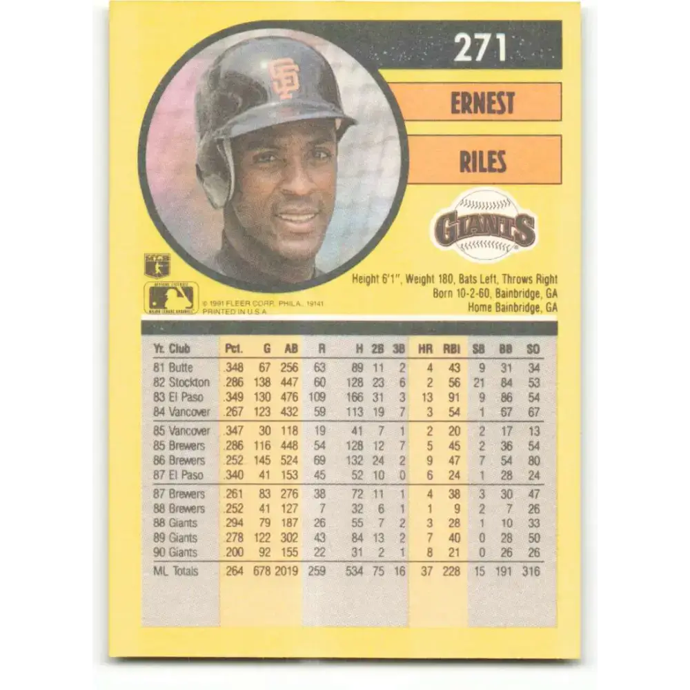 1991 Fleer #271 Ernest Riles NM-MT San Francisco Giants Baseball Card - Baseball Card Single