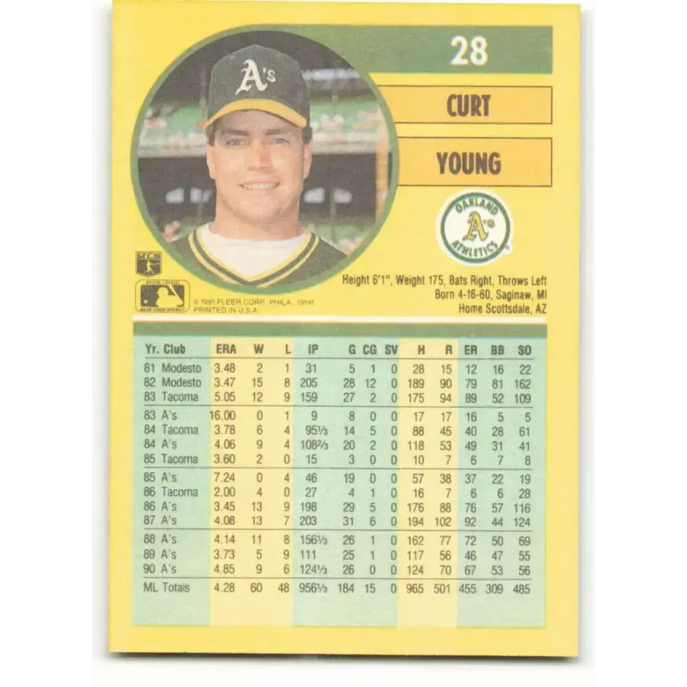 1991 Fleer #28 Curt Young NM-MT Oakland Athletics Baseball Card - Baseball Card Single