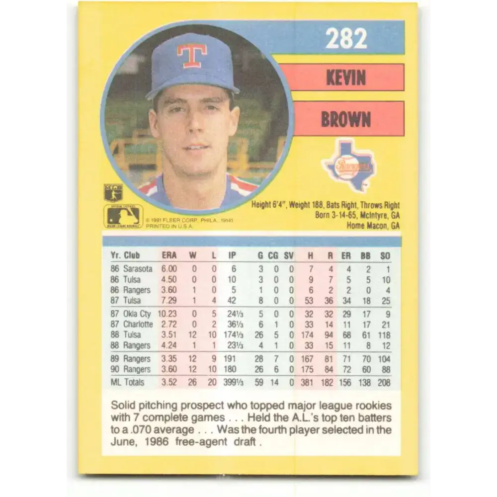 1991 Fleer #282 Kevin Brown NM-MT Texas Rangers Baseball Card - Baseball Card Single