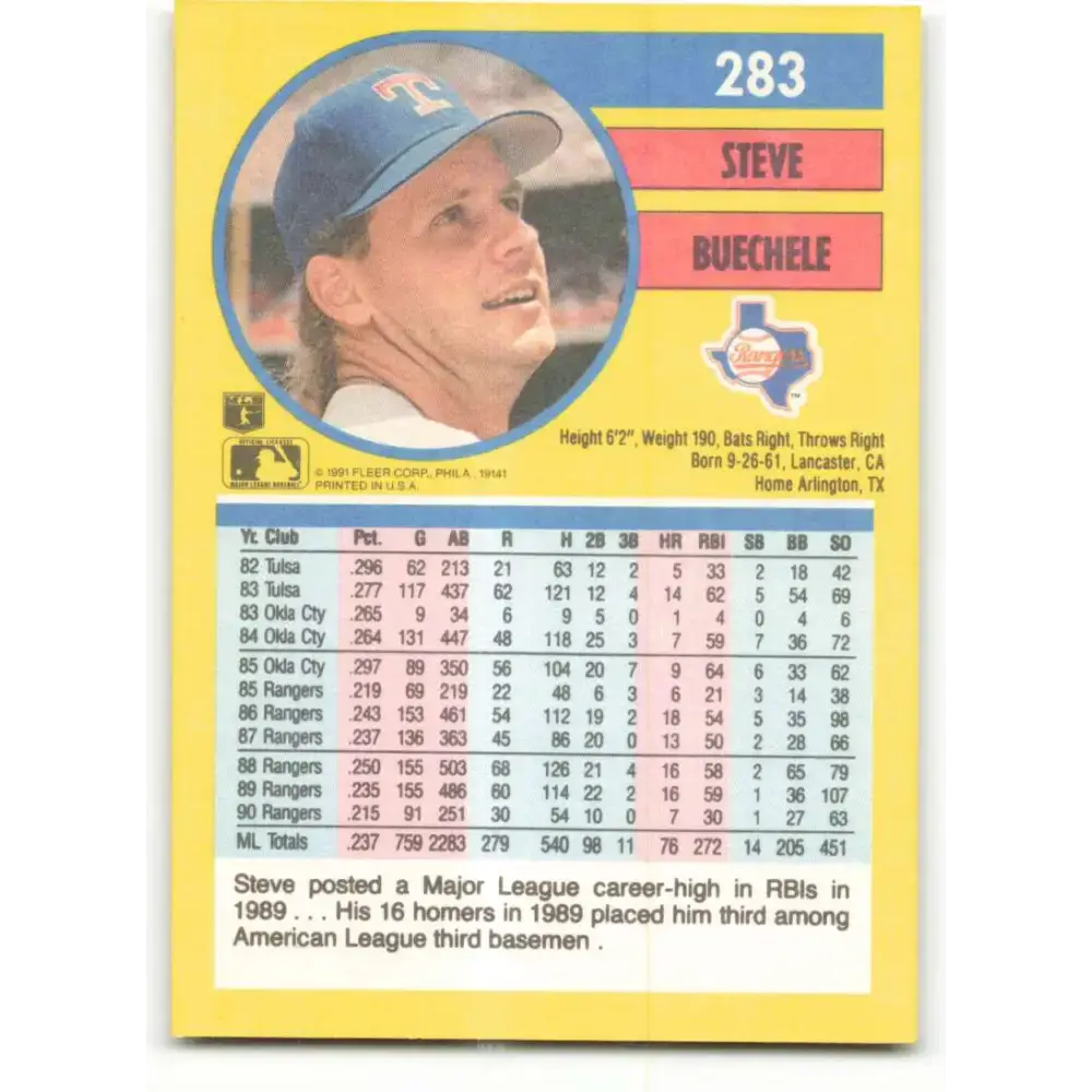 1991 Fleer #283 Steve Buechele NM-MT Texas Rangers Baseball Card - Baseball Card Single