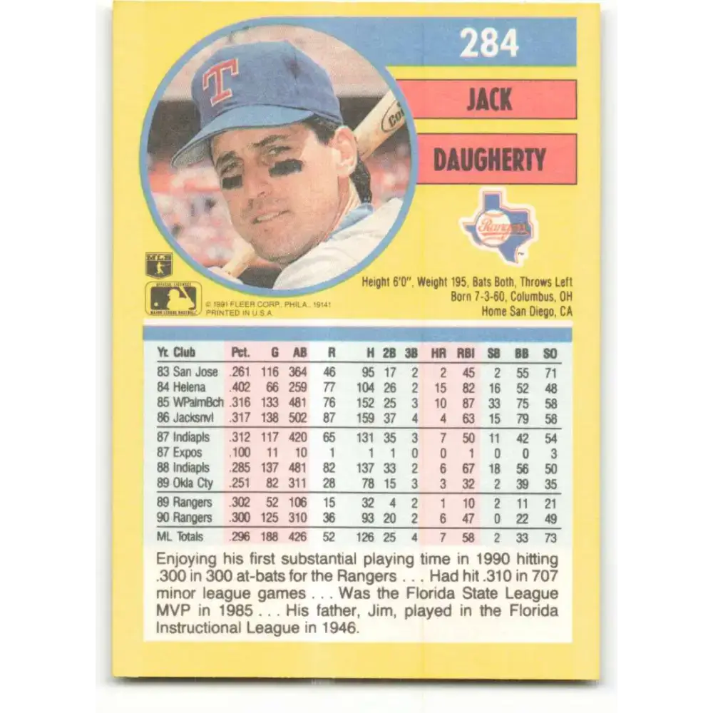 1991 Fleer #284 Jack Daugherty NM-MT Texas Rangers Baseball Card - Baseball Card Single