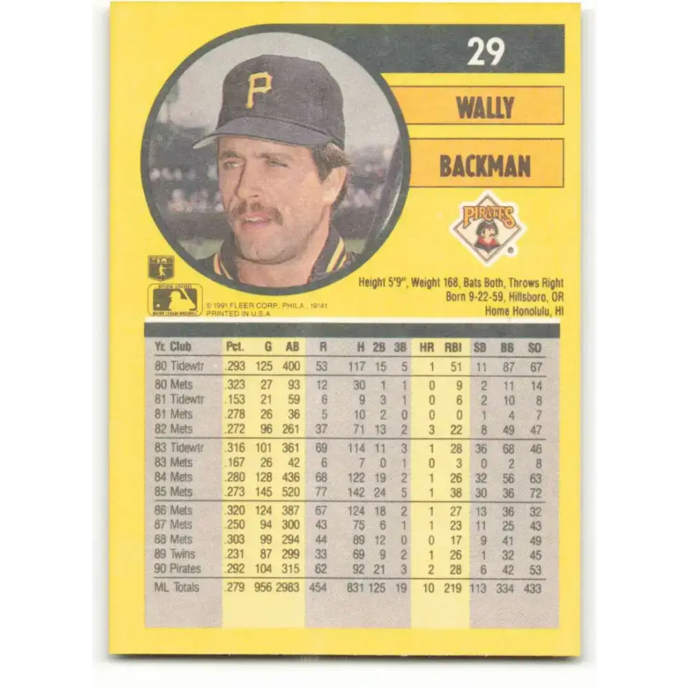1991 Fleer #29 Wally Backman NM-MT Pittsburgh Pirates Baseball Card - Baseball Card Single