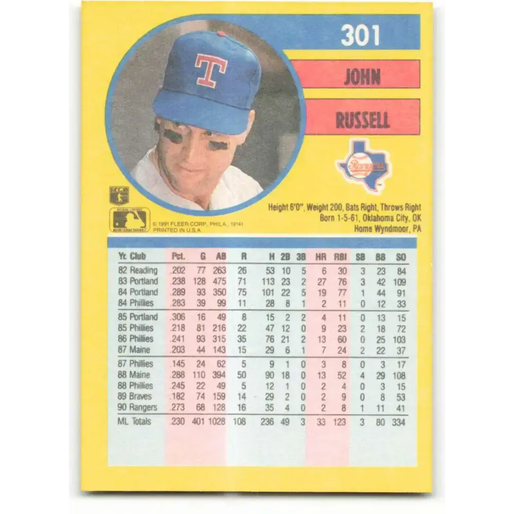 1991 Fleer #301 John Russell NM-MT Texas Rangers Baseball Card - Baseball Card Single
