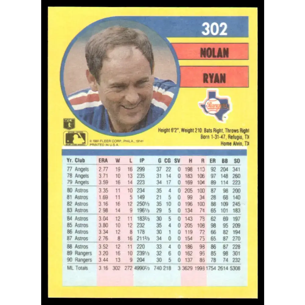 1991 Fleer #302 Nolan Ryan EX/NM Texas Rangers Baseball Card - Baseball Card Single