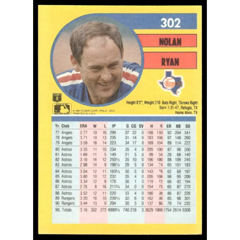1991 Fleer #302 Nolan Ryan EX/NM Texas Rangers Baseball Card - Baseball Card Single