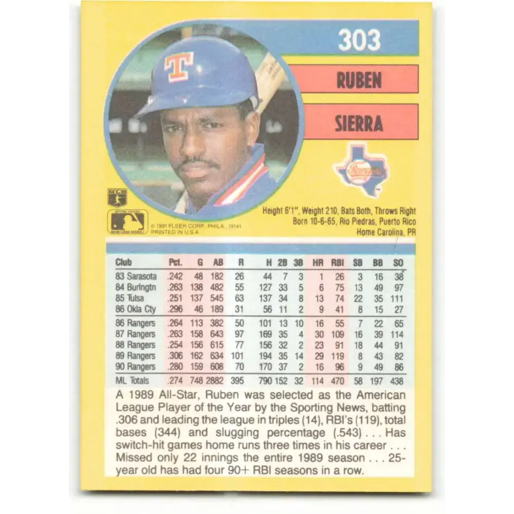 1991 Fleer #303 Ruben Sierra NM-MT Texas Rangers Baseball Card - Baseball Card Single