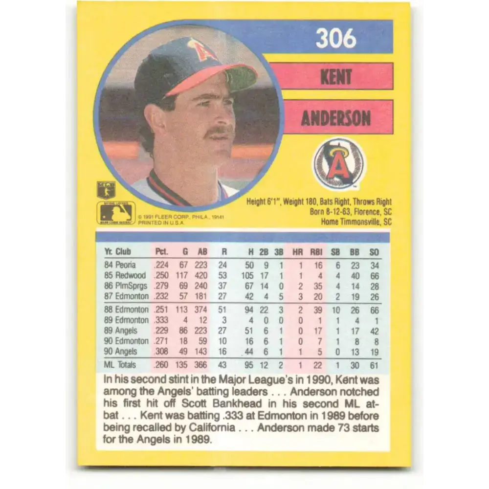 1991 Fleer #306 Kent Anderson NM-MT California Angels Baseball Card - Baseball Card Single