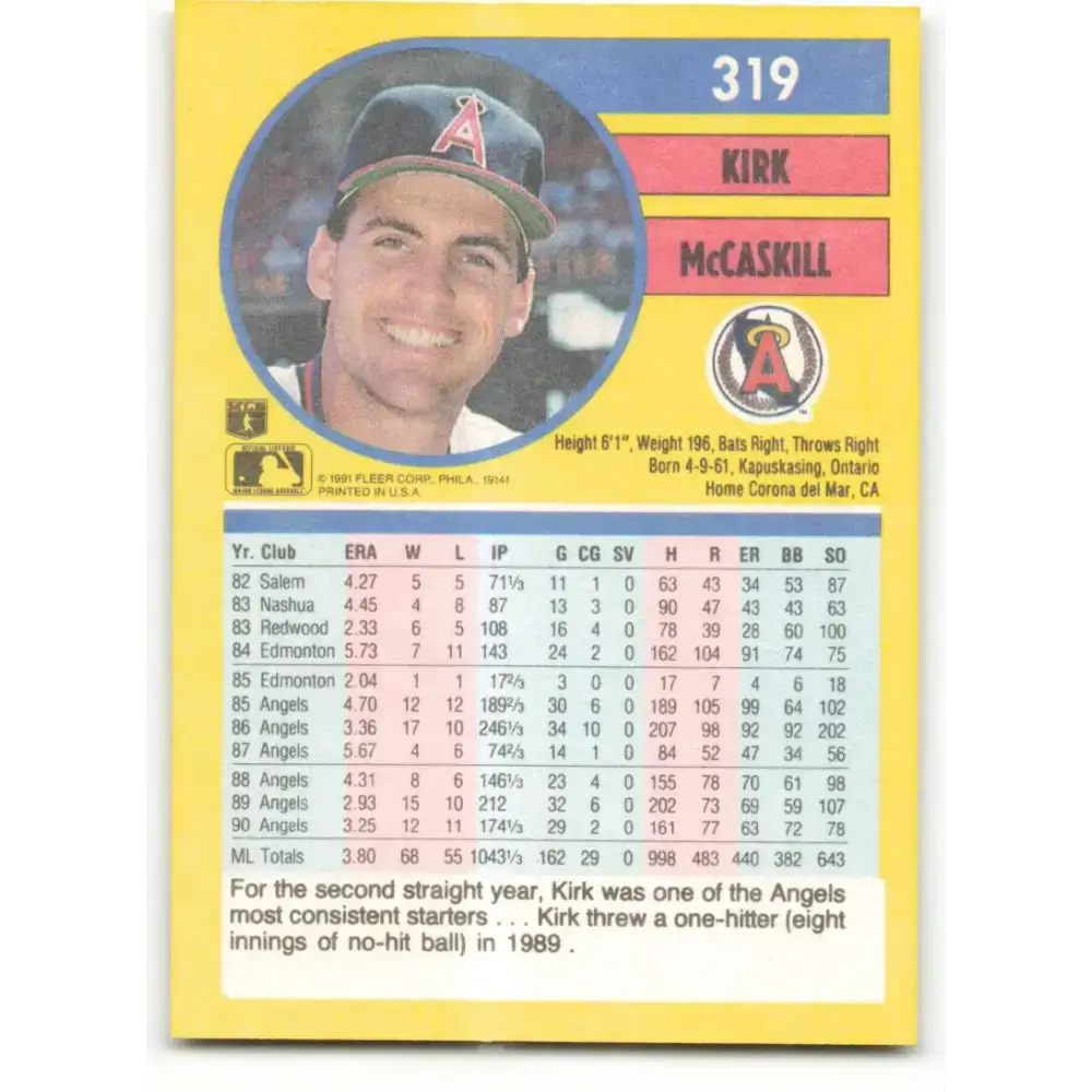 1991 Fleer #319 Kirk McCaskill NM-MT California Angels Baseball Card - Baseball Card Single