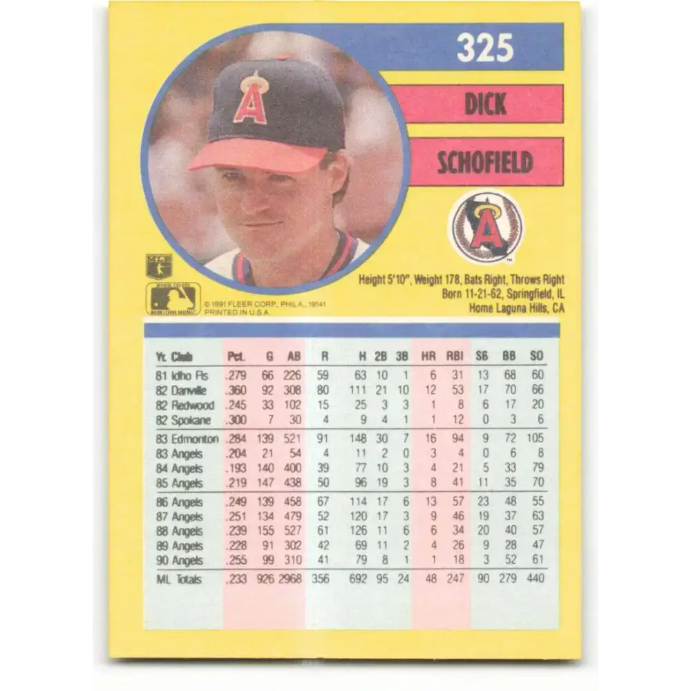 1991 Fleer #325 Dick Schofield NM-MT California Angels Baseball Card - Baseball Card Single