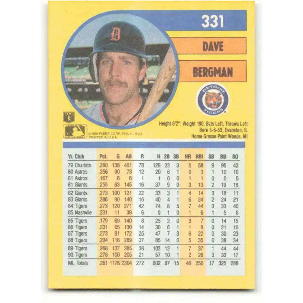 1991 Fleer #331 Dave Bergman NM-MT Detroit Tigers Baseball Card - Baseball Card Single