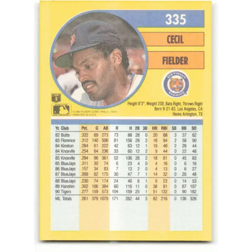 1991 Fleer #335 Cecil Fielder NM-MT Detroit Tigers Baseball Card - Baseball Card Single