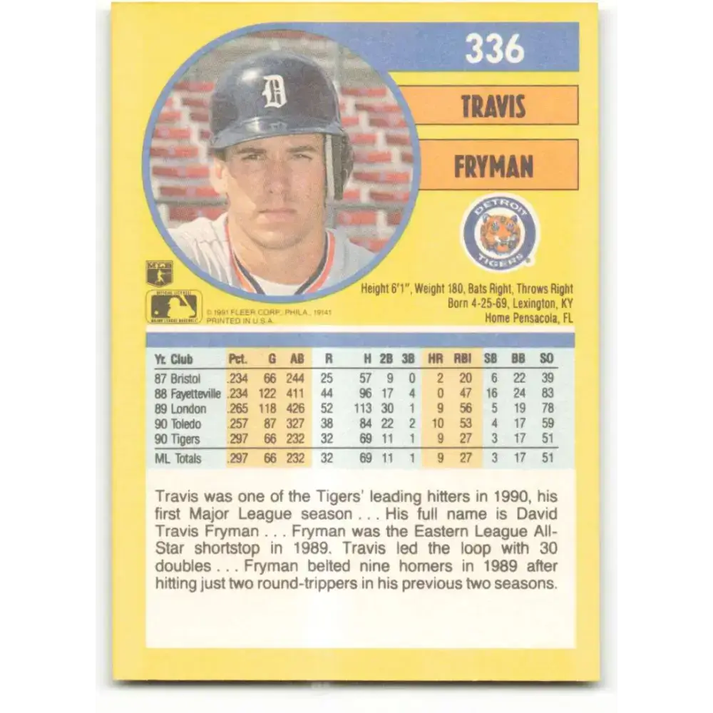 1991 Fleer #336 Travis Fryman NM-MT Detroit Tigers Baseball Card - Baseball Card Single