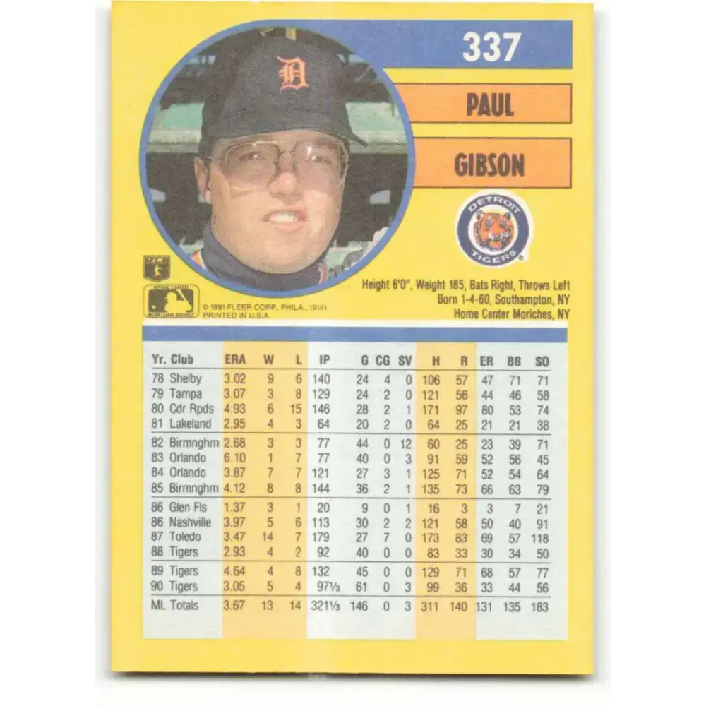 1991 Fleer #337 Paul Gibson NM-MT Detroit Tigers Baseball Card - Baseball Card Single