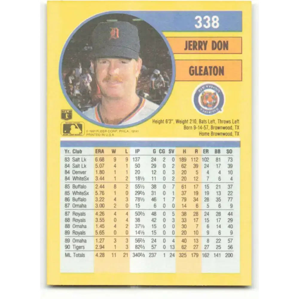 1991 Fleer #338 Jerry Don Gleaton NM-MT Detroit Tigers Baseball Card - Baseball Card Single