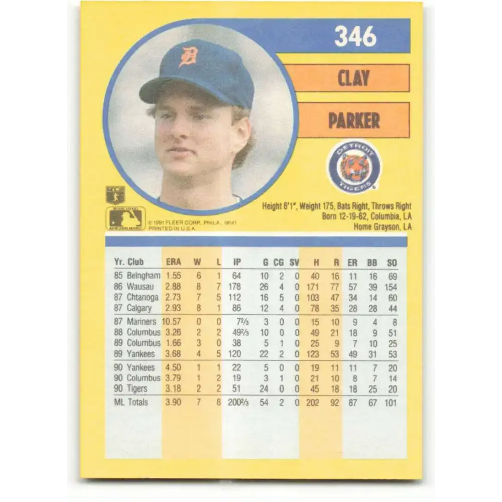 1991 Fleer #346 Clay Parker NM-MT Detroit Tigers Baseball Card - Baseball Card Single