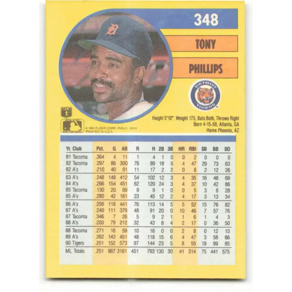 1991 Fleer #348 Tony Phillips NM-MT Detroit Tigers Baseball Card - Baseball Card Single