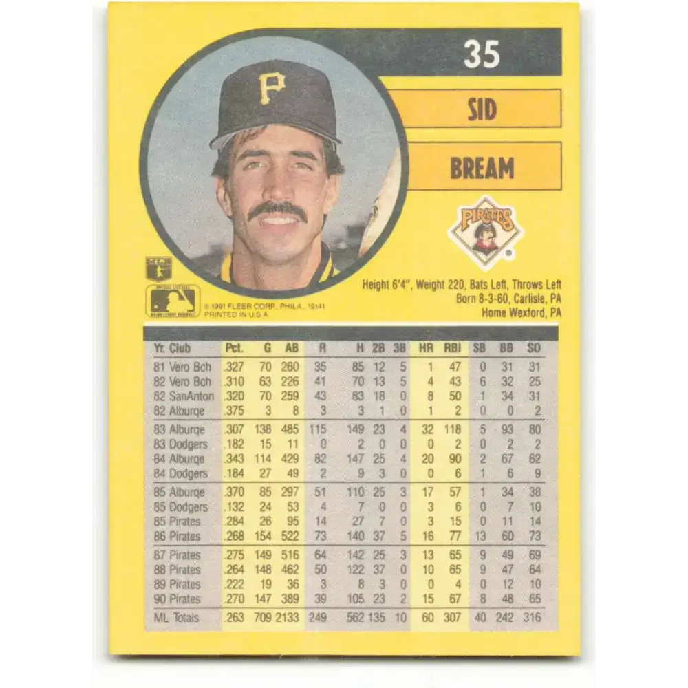 1991 Fleer #35 Sid Bream NM-MT Pittsburgh Pirates Baseball Card - Baseball Card Single
