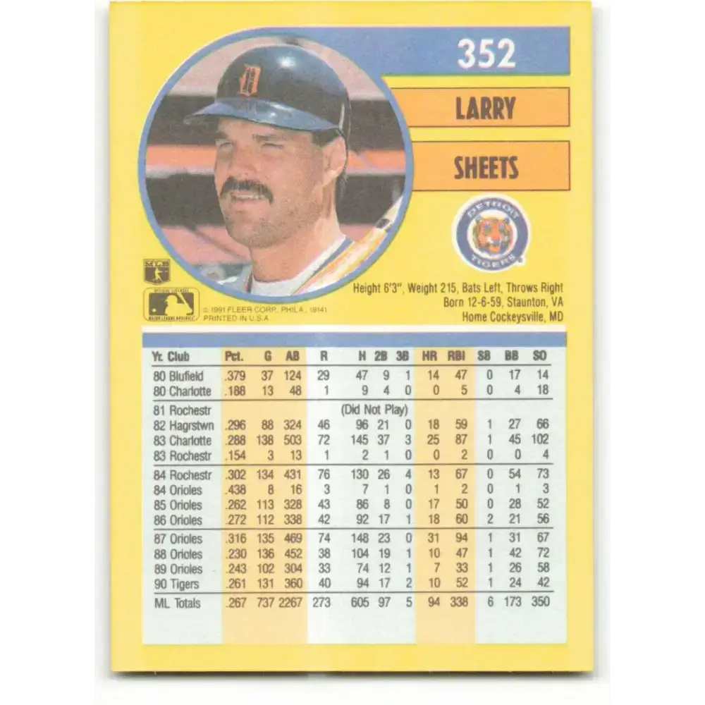 1991 Fleer #352 Larry Sheets NM-MT Detroit Tigers Baseball Card - Baseball Card Single