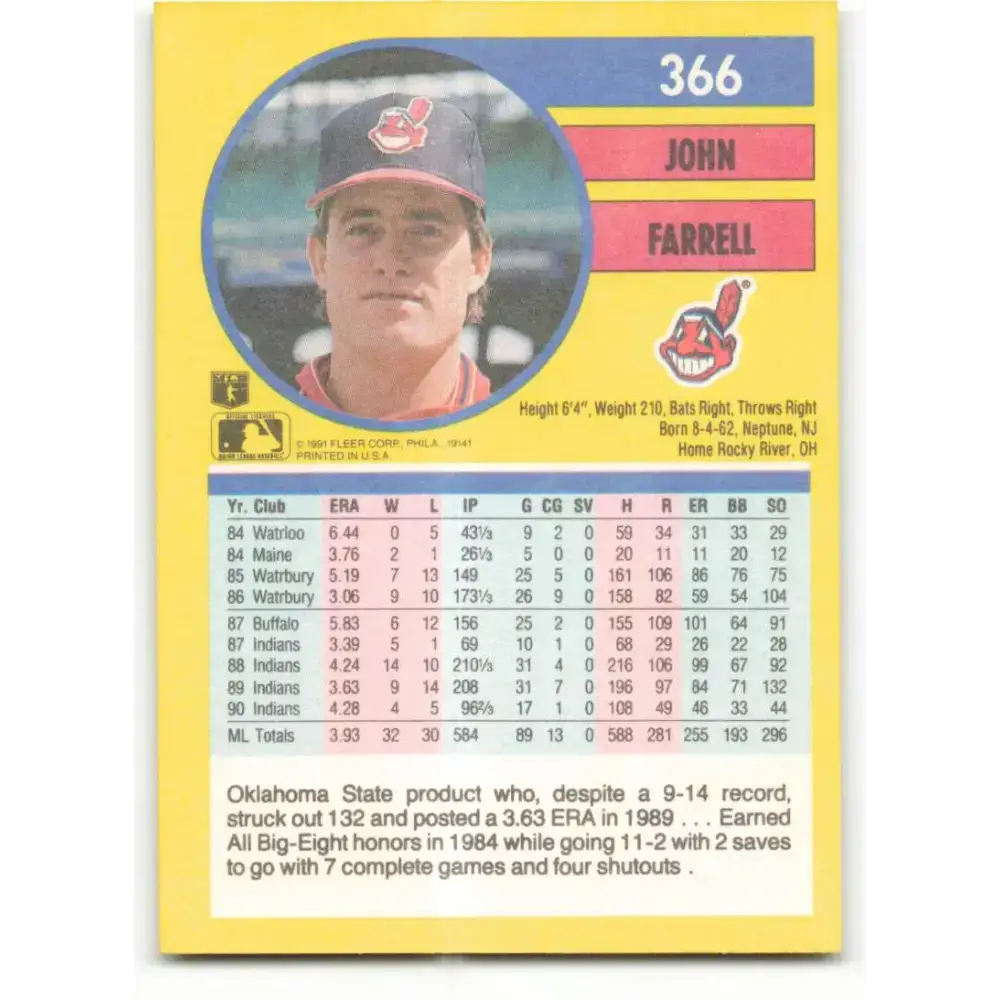 1991 Fleer #366 John Farrell NM-MT Cleveland Indians Baseball Card - Baseball Card Single