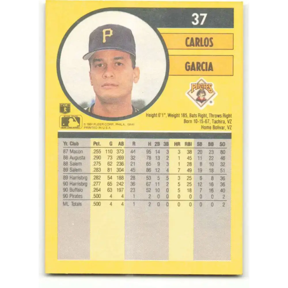 1991 Fleer #37 Carlos Garcia NM-MT RC Rookie Pittsburgh Pirates Baseball Card - Baseball Card Single