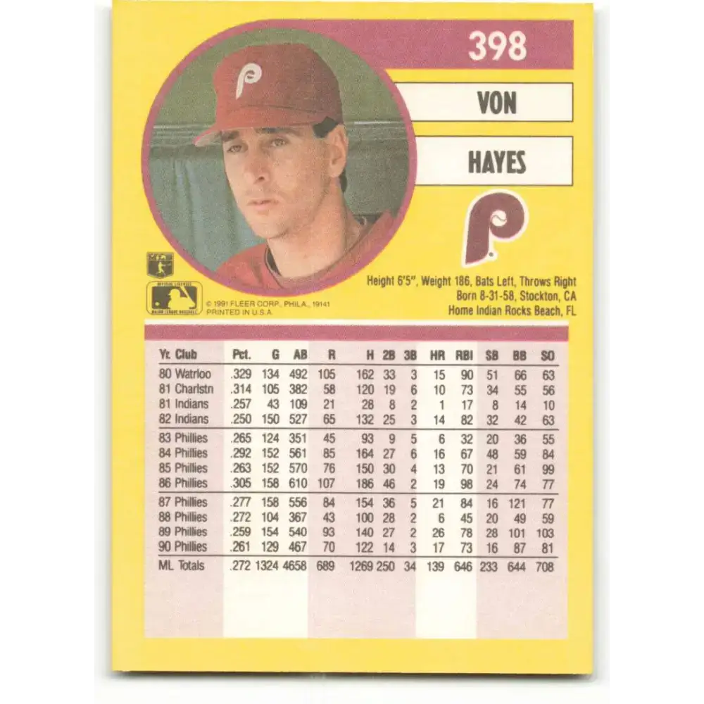 1991 Fleer #398 Von Hayes NM-MT Philadelphia Phillies Baseball Card - Baseball Card Single