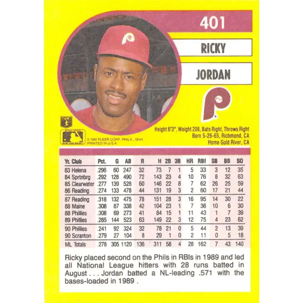 1991 Fleer #401 Ricky Jordan NM-MT Philadelphia Phillies Baseball Card - Baseball Card Single