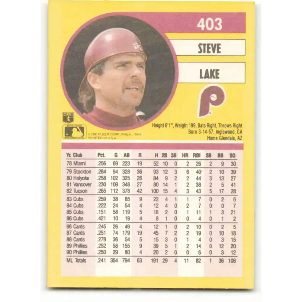 1991 Fleer #403 Steve Lake NM-MT Philadelphia Phillies Baseball Card - Baseball Card Single