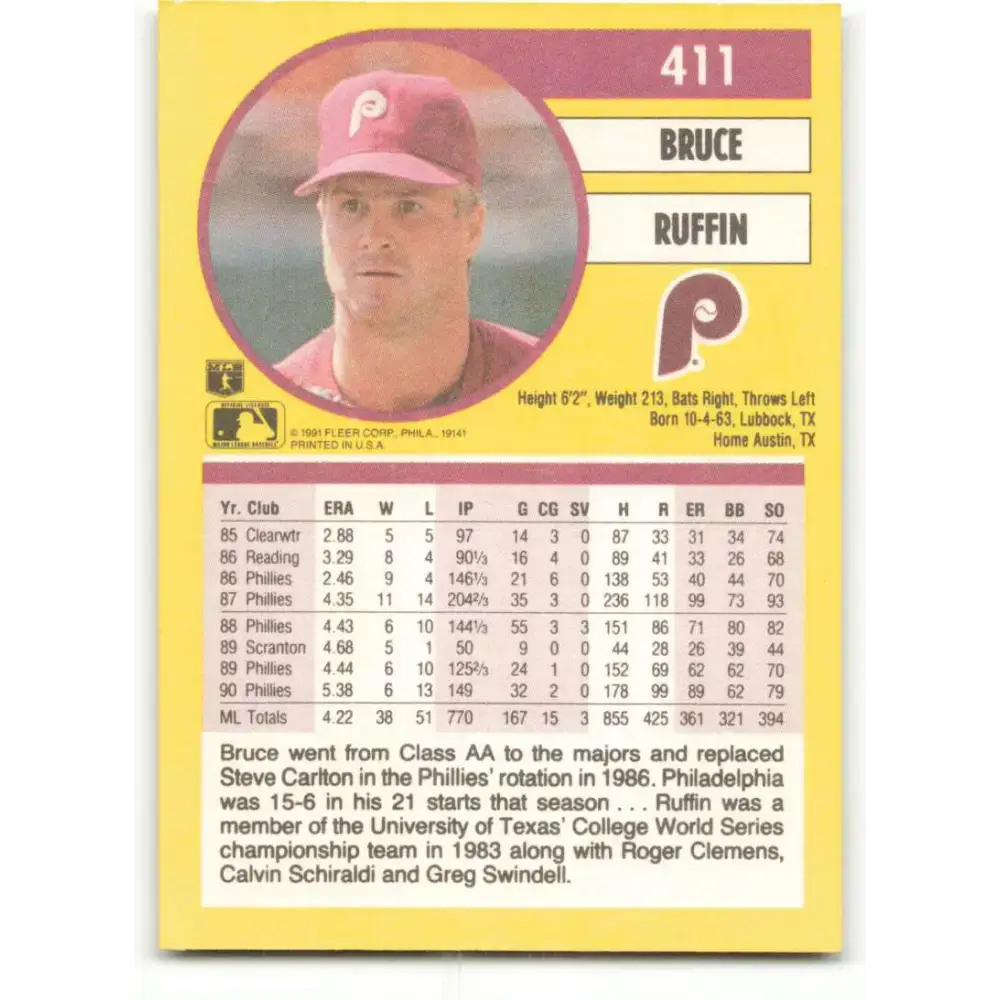 1991 Fleer #411 Bruce Ruffin NM-MT Philadelphia Phillies Baseball Card - Baseball Card Single
