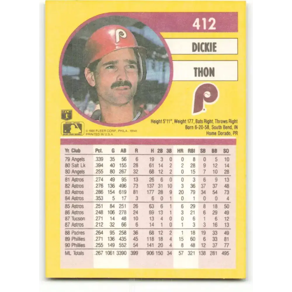 1991 Fleer #412 Dickie Thon NM-MT Philadelphia Phillies Baseball Card - Baseball Card Single