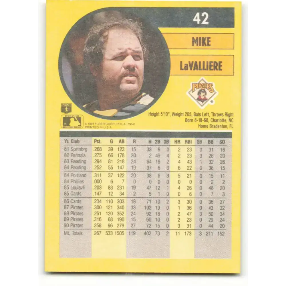1991 Fleer #42 Mike LaValliere NM-MT Pittsburgh Pirates Baseball Card