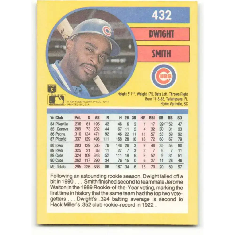 1991 Fleer #432 Dwight Smith NM-MT Chicago Cubs Baseball Card - Baseball Card Single