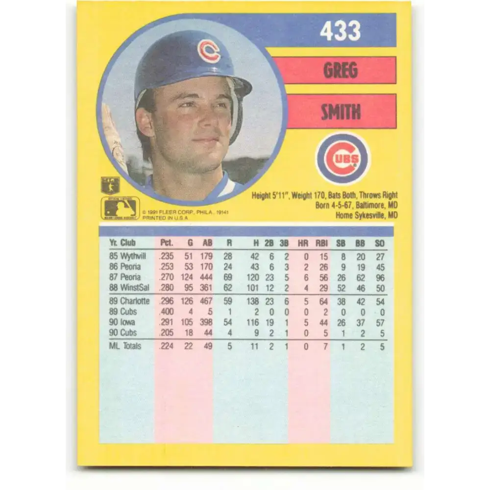 1991 Fleer #433 Greg Smith NM-MT Chicago Cubs Baseball Card - Baseball Card Single