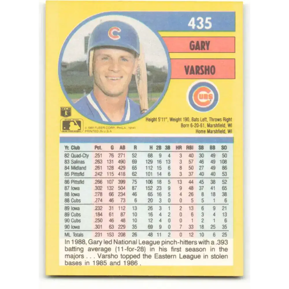 1991 Fleer #435 Gary Varsho NM-MT Chicago Cubs Baseball Card - Baseball Card Single