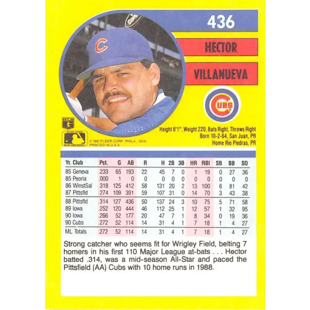 1991 Fleer #436 Hector Villanueva NM-MT Chicago Cubs Baseball Card - Baseball Card Single