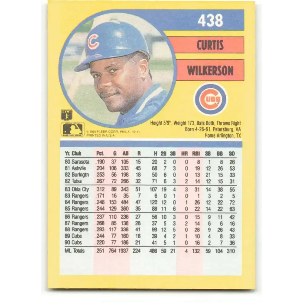 1991 Fleer #438 Curtis Wilkerson NM-MT Chicago Cubs Baseball Card - Baseball Card Single