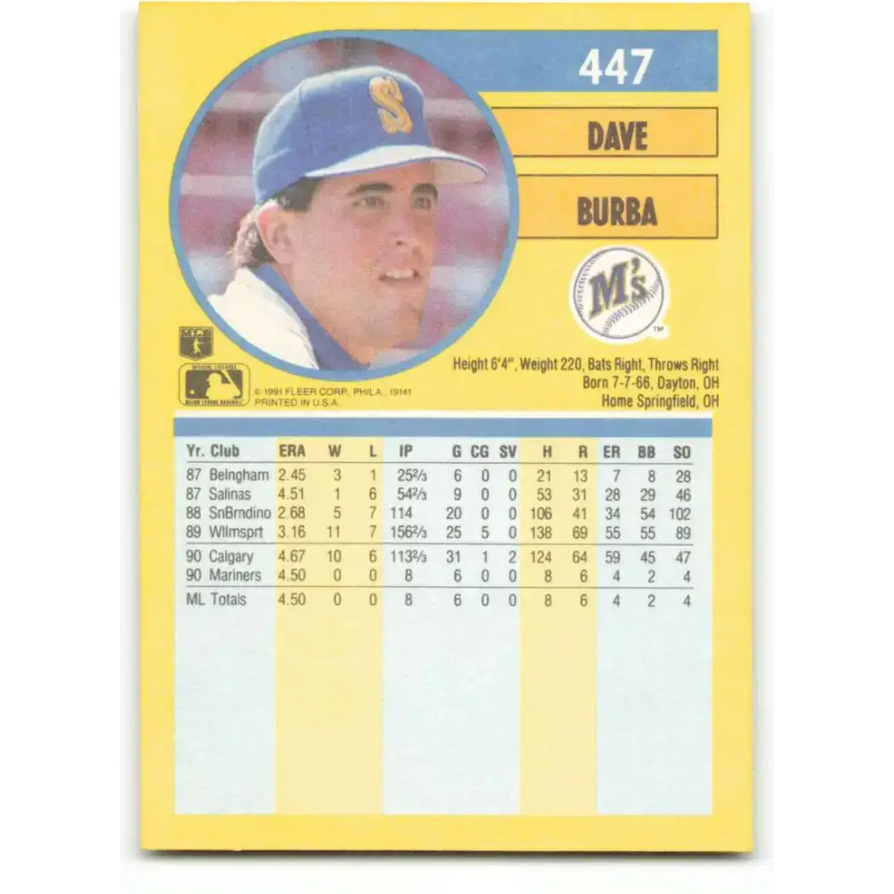 1991 Fleer #447 Dave Burba NM-MT RC Rookie Seattle Mariners Baseball Card - Baseball Card Single