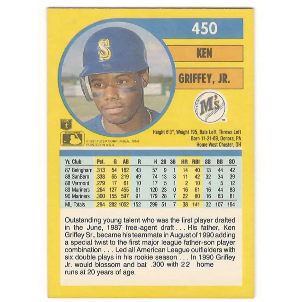 1991 Fleer #450 Ken Griffey Jr. NM-MT Seattle Mariners Baseball Card - Baseball Card Single