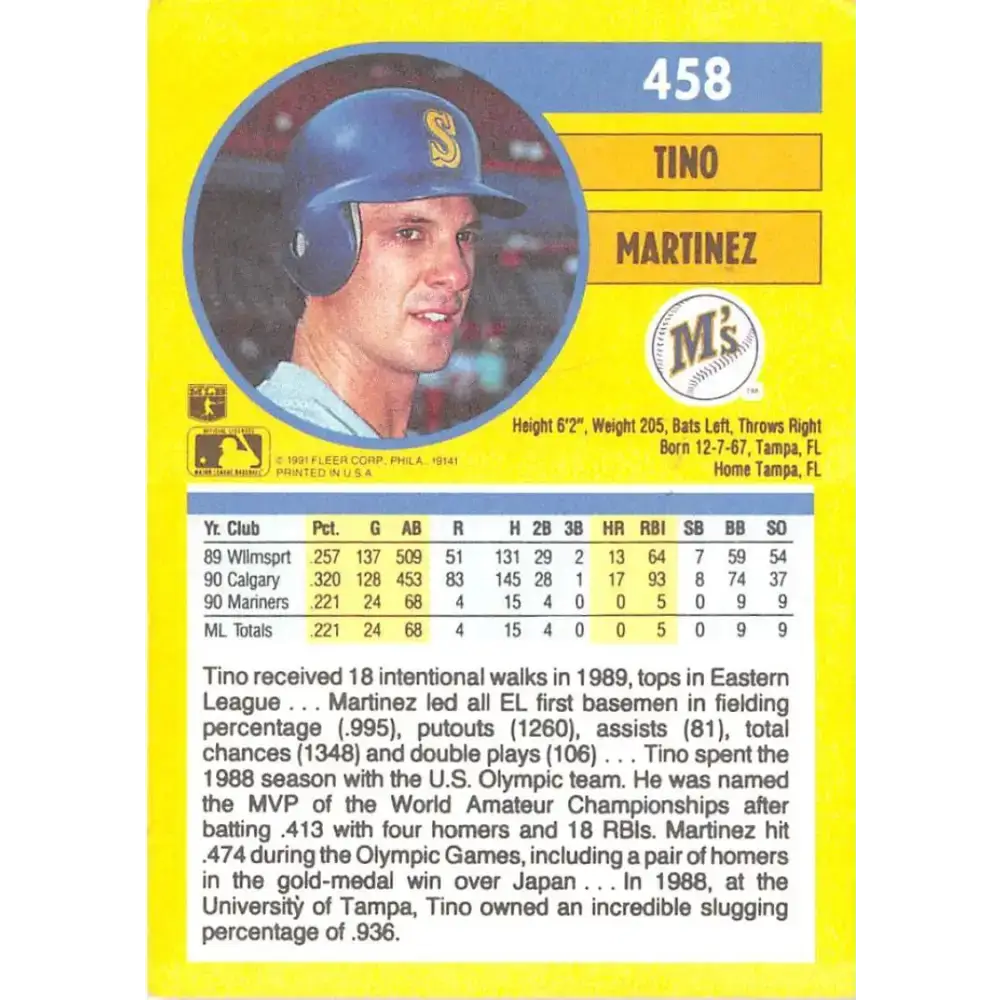 1991 Fleer #458 Tino Martinez NM-MT Seattle Mariners Baseball Card - Baseball Card Single