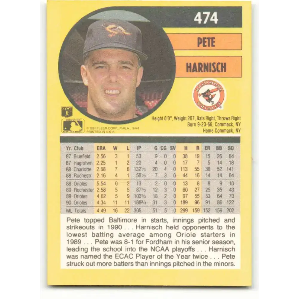 1991 Fleer #474 Pete Harnisch NM-MT Baltimore Orioles Baseball Card - Baseball Card Single