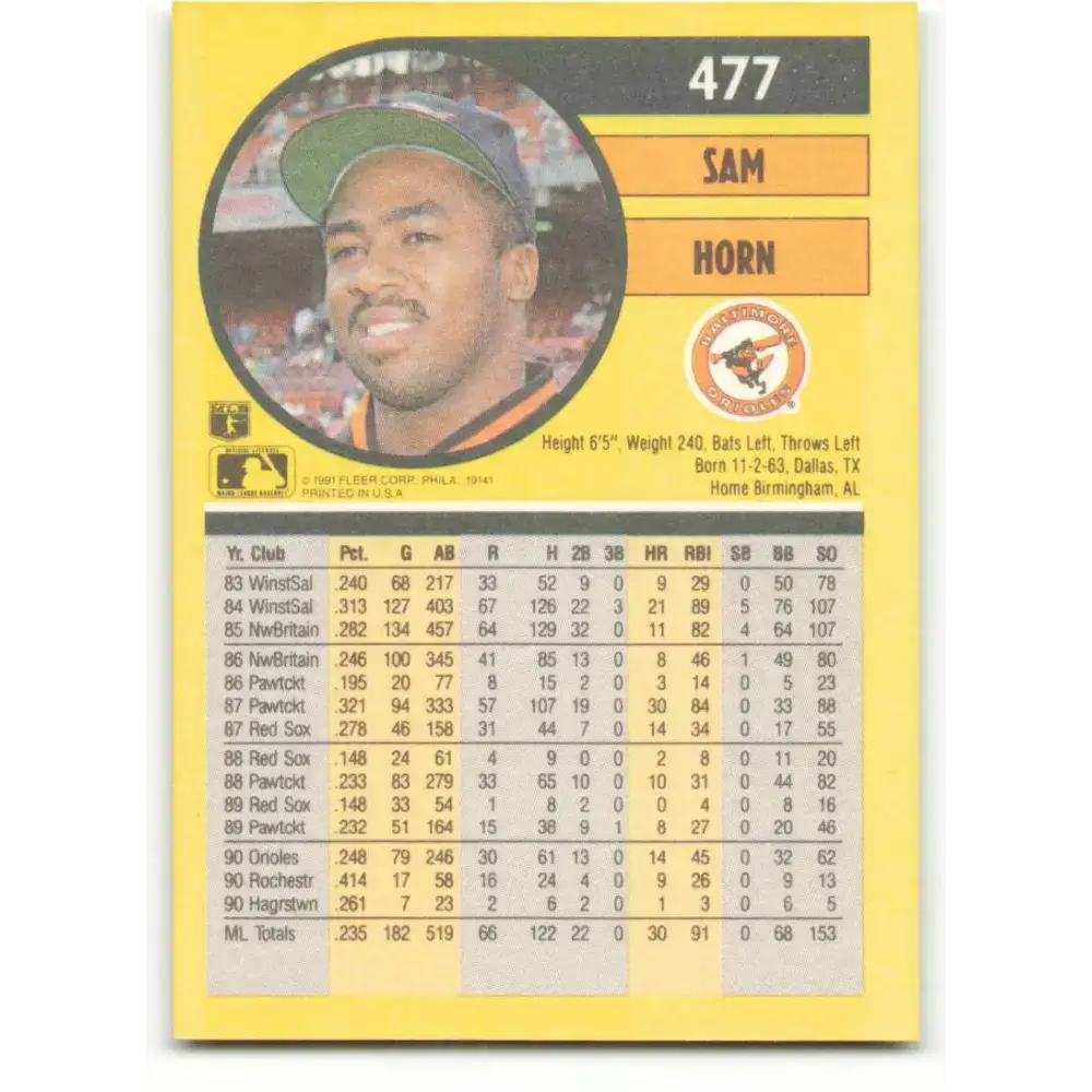 1991 Fleer #477 Sam Horn NM-MT Baltimore Orioles Baseball Card - Baseball Card Single