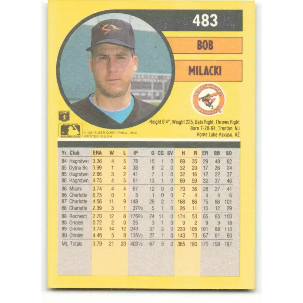 1991 Fleer #483 Bob Milacki NM-MT Baltimore Orioles Baseball Card - Baseball Card Single