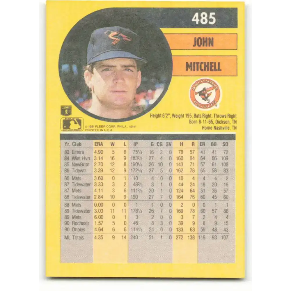 1991 Fleer #485 John Mitchell NM-MT Baltimore Orioles Baseball Card - Baseball Card Single