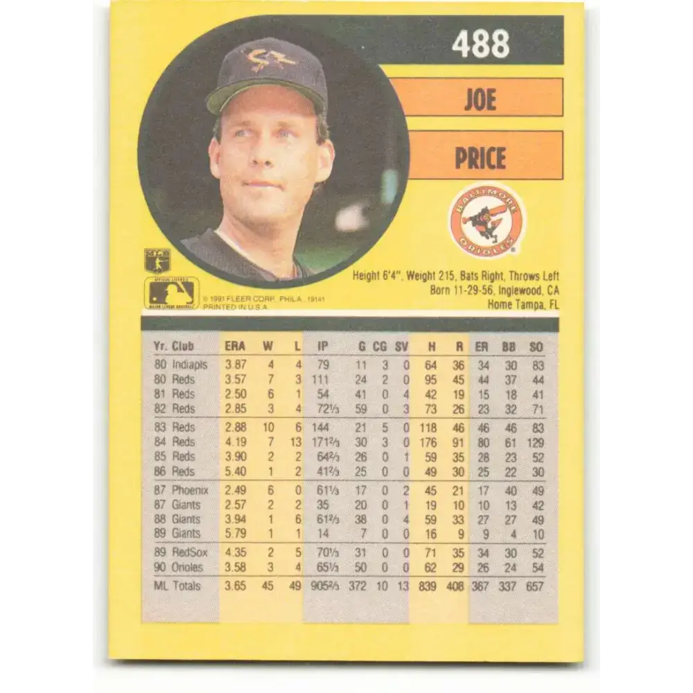 1991 Fleer #488 Joe Price NM-MT Baltimore Orioles Baseball Card - Baseball Card Single