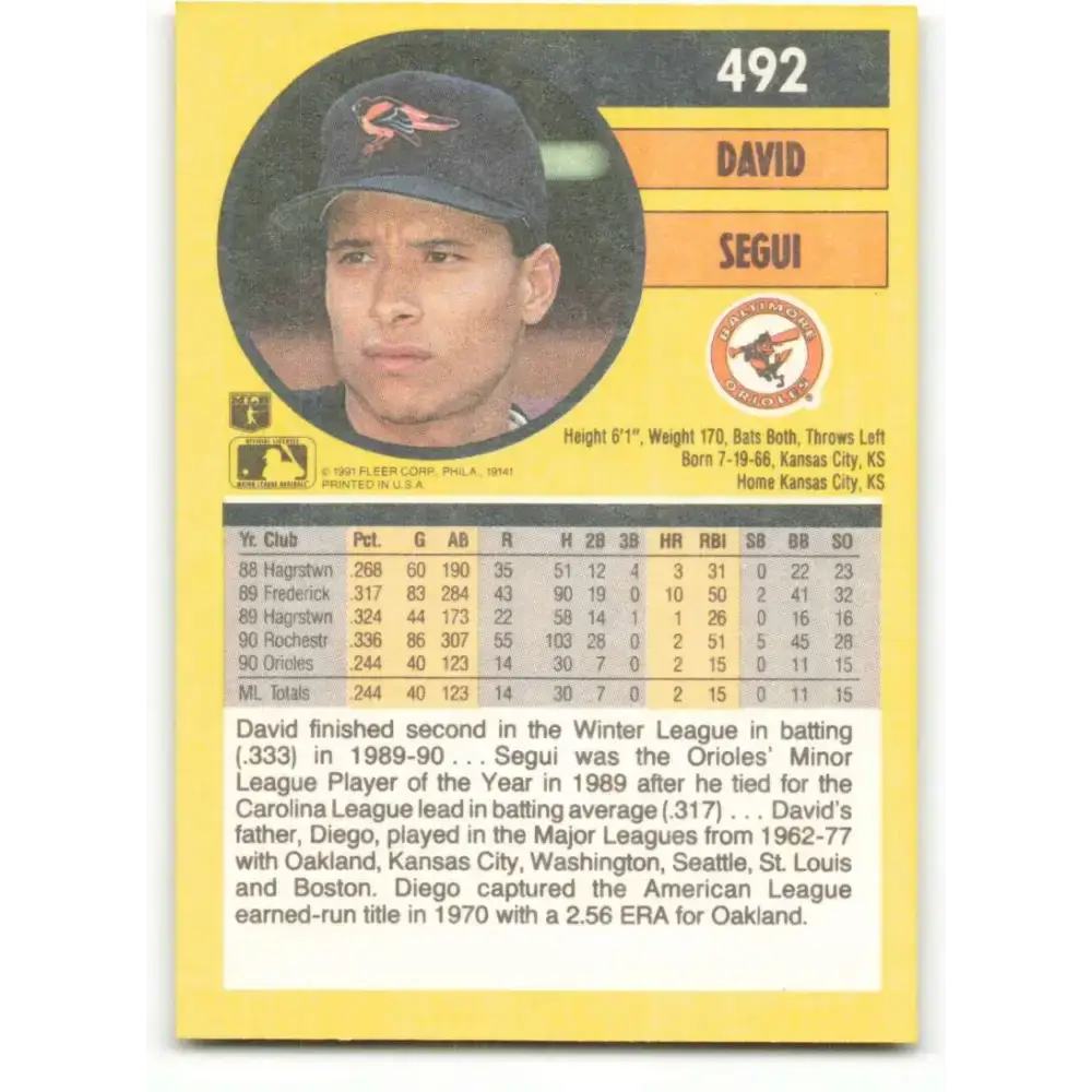 1991 Fleer #492 David Segui NM-MT Baltimore Orioles Baseball Card - Baseball Card Single