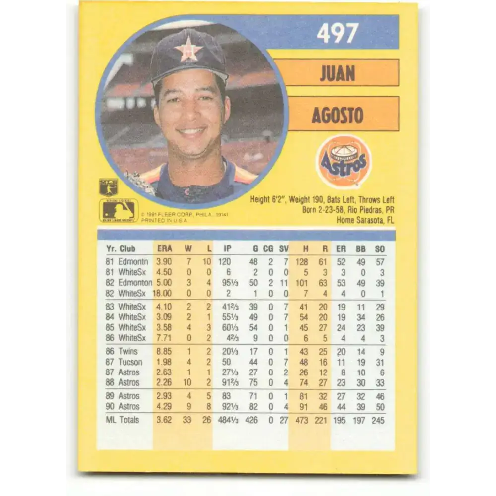 1991 Fleer #497 Juan Agosto NM-MT Houston Astros Baseball Card - Baseball Card Single